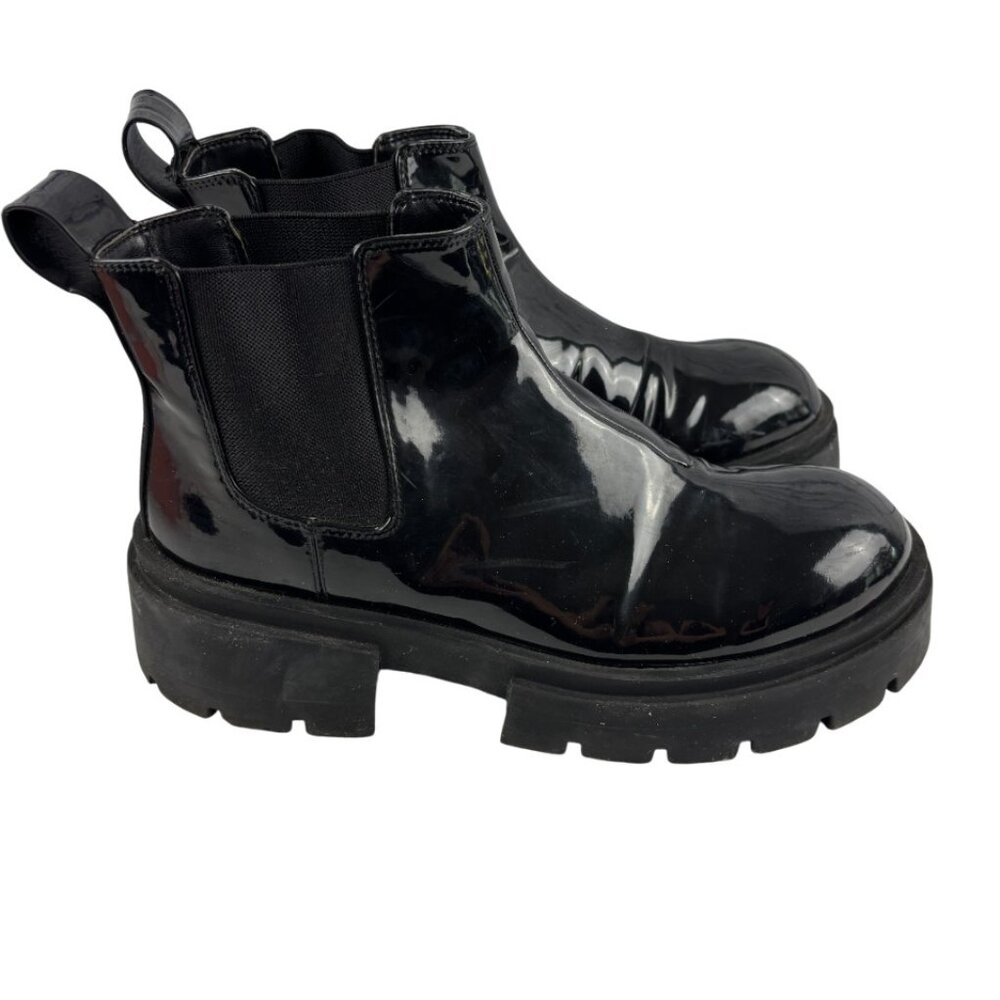 H&M Women's 10 Black Patent Leather Chunky Platform Pull-on Boots